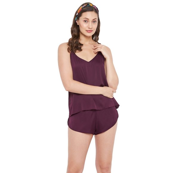 Solid Brunette Brown 2 Pcs Satin Shorts Sleepwear for Women - Picture 7 of 7